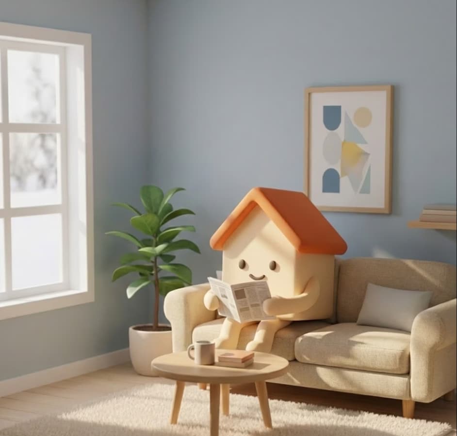 Bobbo, Bofrid's house mascot, reading a newspaper on a sofa in a sunlit living room